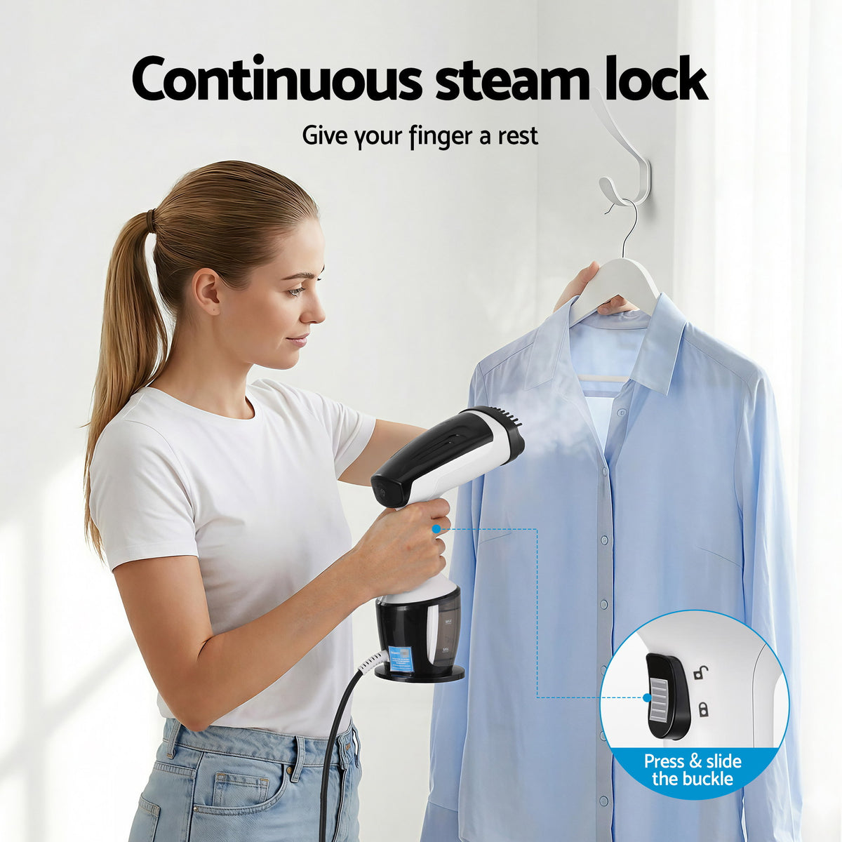 Devanti Clothes Steamer, 1500W Powerful Fast 30s Heat-Up Continuous Steam Lock 160ml Tank Fabric Brush SI-PORT-0032-WH