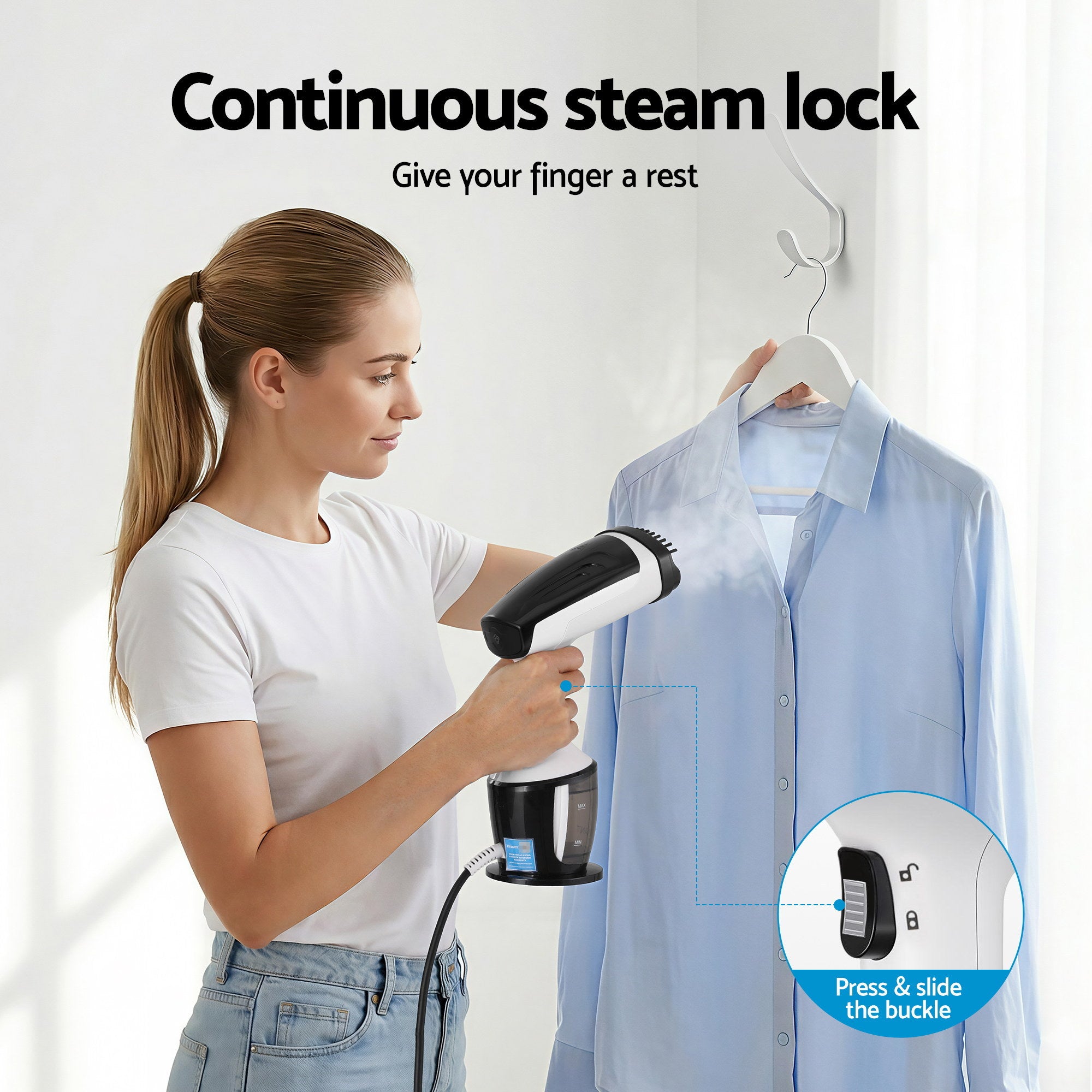 Devanti Clothes Steamer, 1500W Powerful Fast 30s Heat-Up Continuous Steam Lock 160ml Tank Fabric Brush SI-PORT-0032-WH
