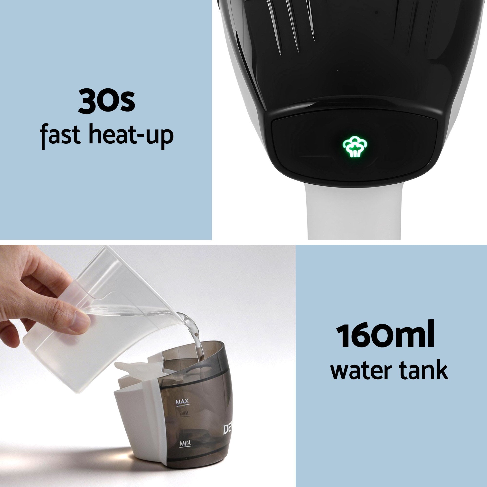 Devanti Clothes Steamer, 1500W Powerful Fast 30s Heat-Up Continuous Steam Lock 160ml Tank Fabric Brush SI-PORT-0032-WH