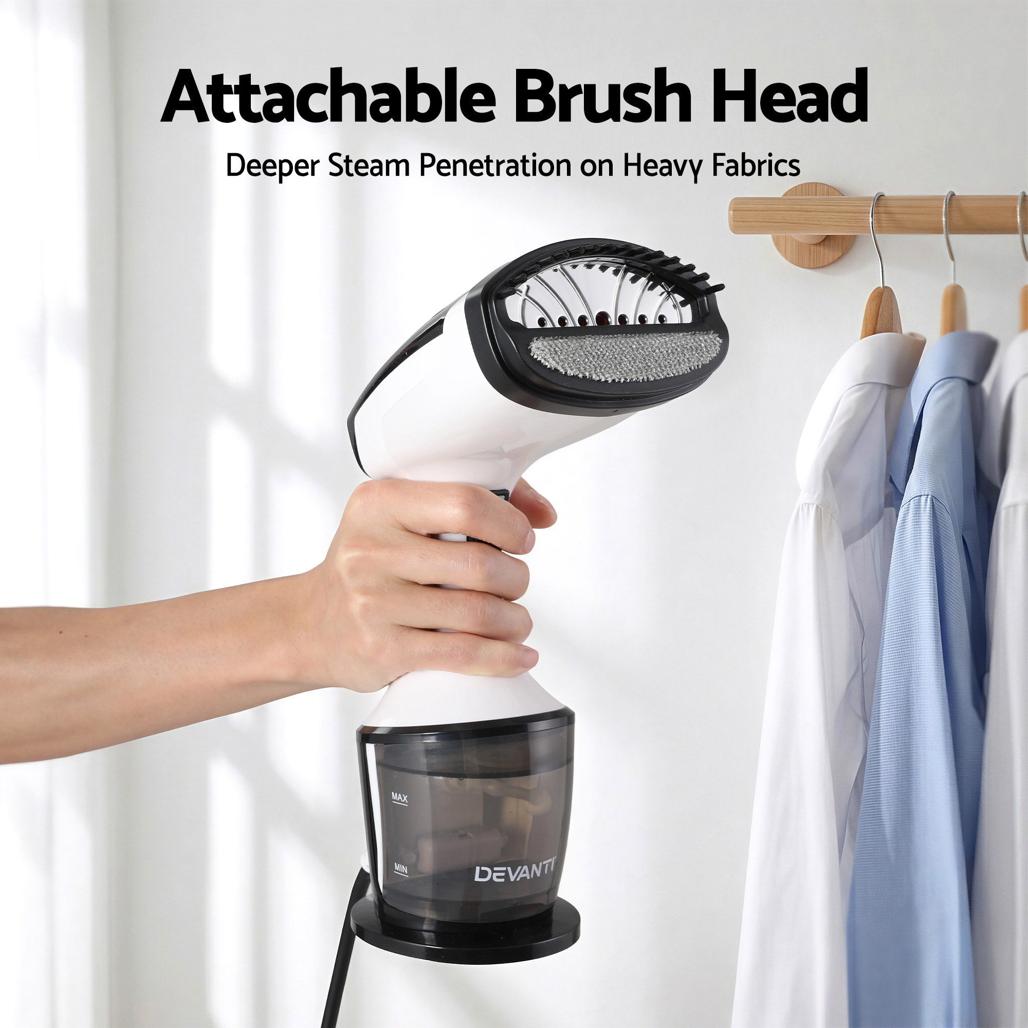 Devanti Clothes Steamer, 1500W Powerful Fast 30s Heat-Up Continuous Steam Lock 160ml Tank Fabric Brush SI-PORT-0032-WH