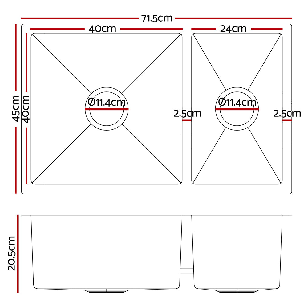Cefito Kitchen Sink 71X45CM Stainless Steel Basin Double Bowl Silver SINK-7145-R010