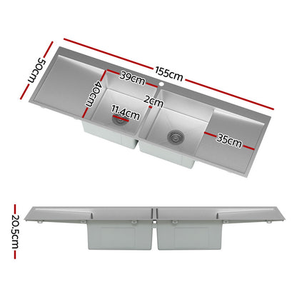 Cefito Kitchen Sink Basin Stainless Steel Under/Top/Flush Mount Bowl 155X50CM SINK-B-15550-R010