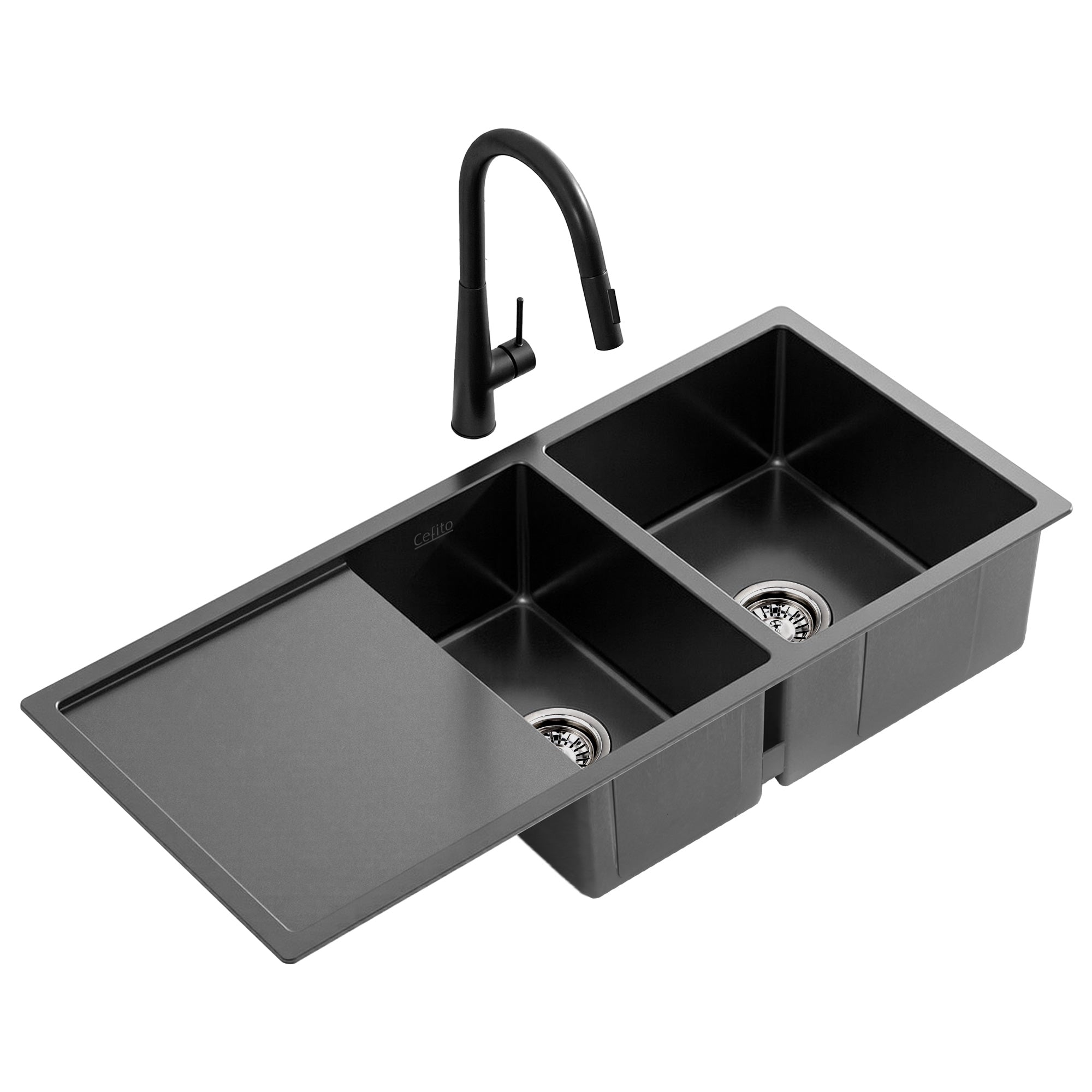 Cefito Stainless Steel Sink 100x45CM With Pull Out Mixer Tap Kitchen Basin Double Bowl Black SINK-BLACK-10045-52
