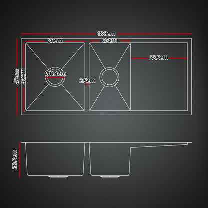 Cefito Stainless Steel Sink 100x45CM With Pull Out Mixer Tap Kitchen Basin Double Bowl Black SINK-BLACK-10045-52