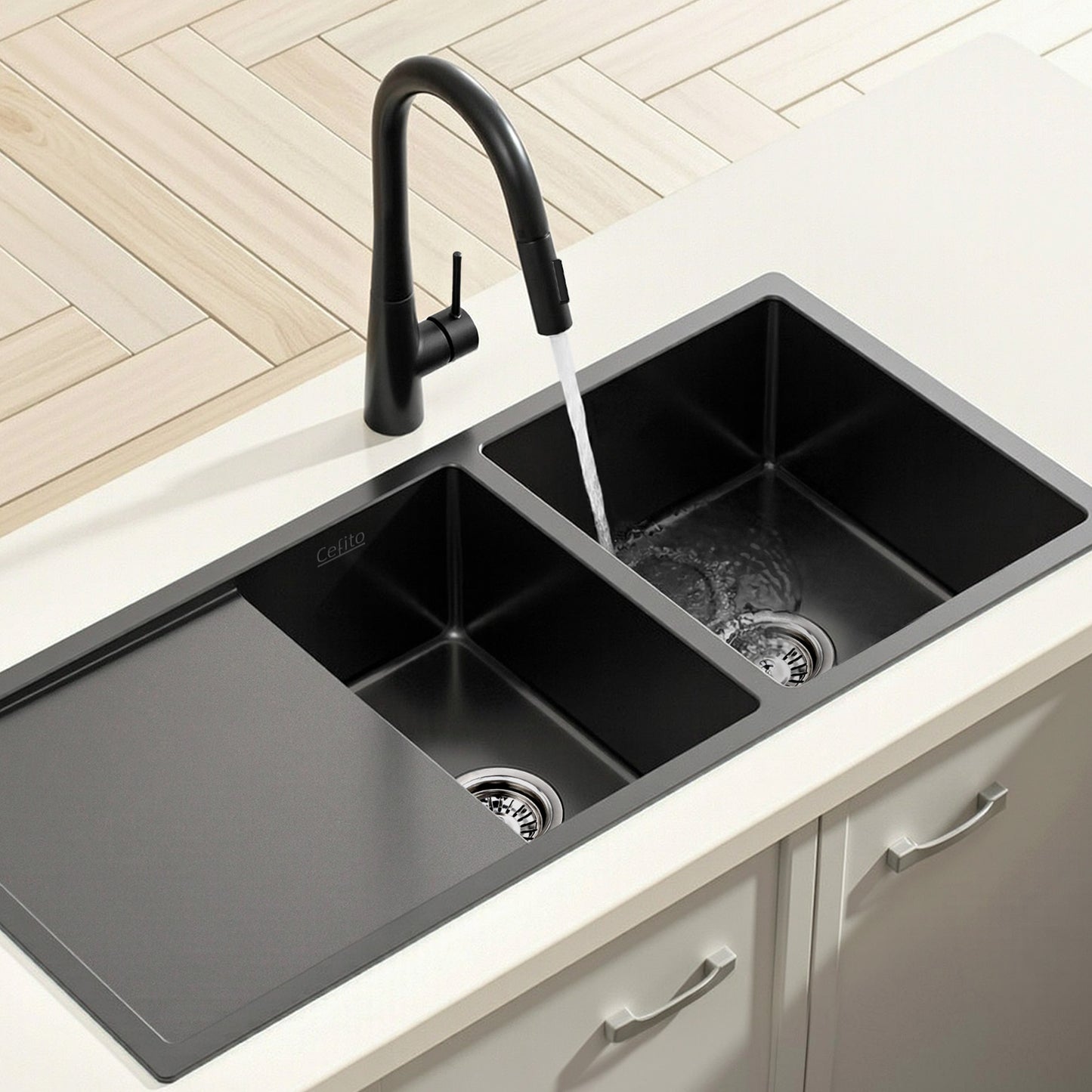 Cefito Stainless Steel Sink 100x45CM With Pull Out Mixer Tap Kitchen Basin Double Bowl Black SINK-BLACK-10045-52