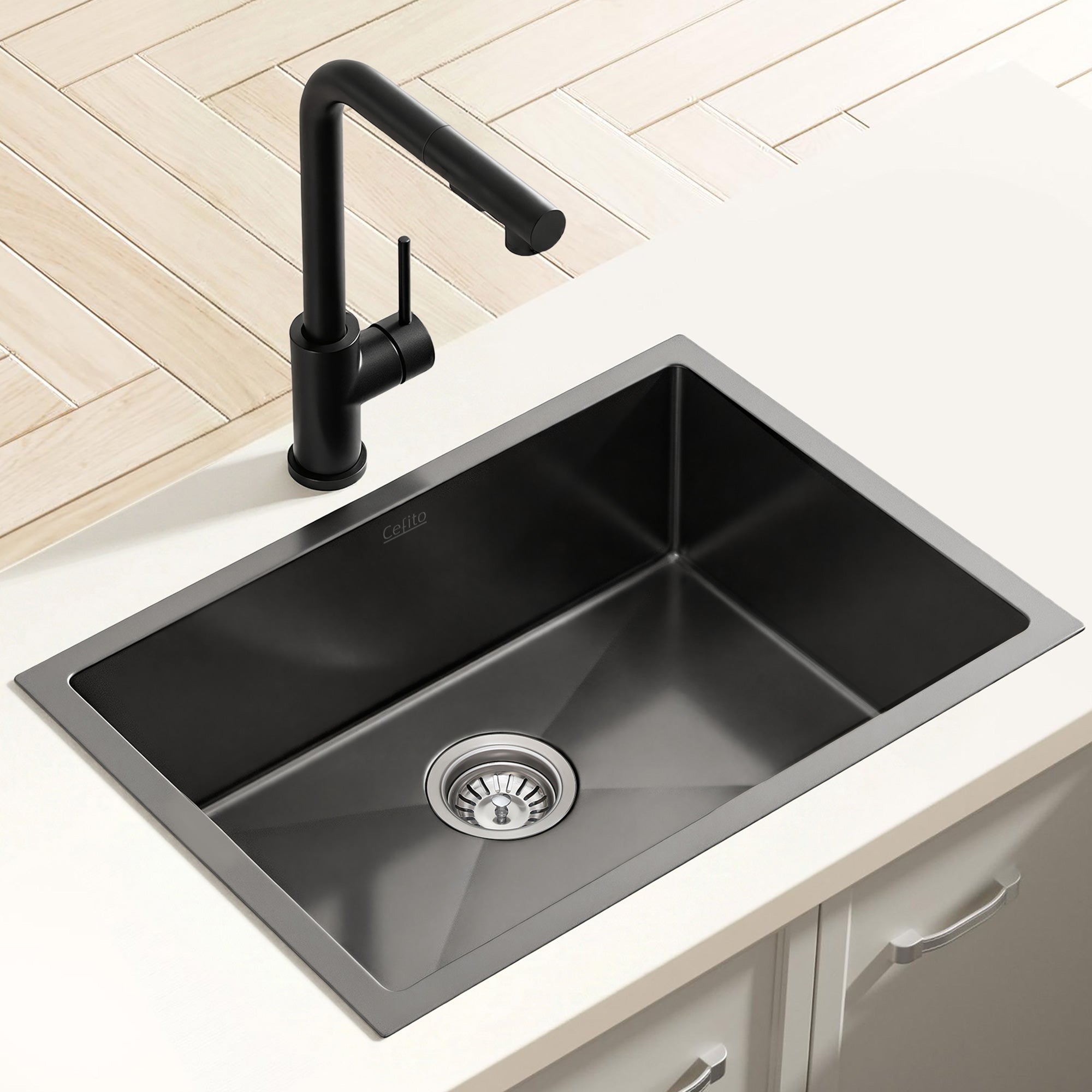 Cefito Stainless Steel Sink 30x45CM With Pull Out Mixer Tap Kitchen Basin Single Bowl Black SINK-BLACK-3045-48