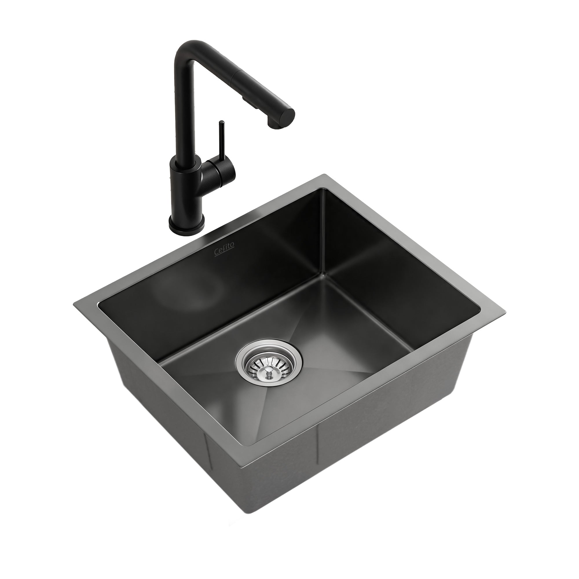 Cefito Stainless Steel Sink 44x44CM With Pull Out Mixer Tap Kitchen Basin Single Bowl Black SINK-BLACK-4444-48