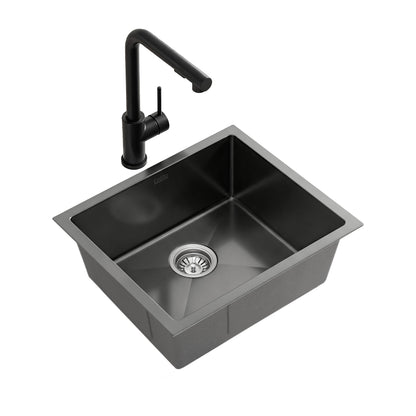 Cefito Stainless Steel Sink 44x44CM With Pull Out Mixer Tap Kitchen Basin Single Bowl Black SINK-BLACK-4444-48