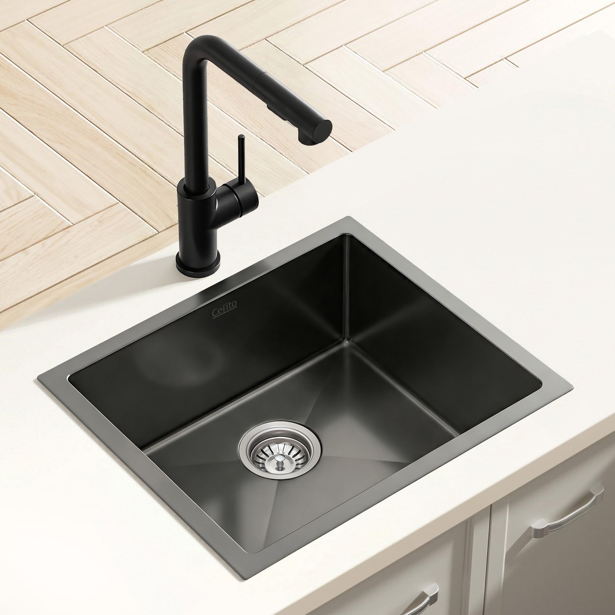 Cefito Stainless Steel Sink 44x44CM With Pull Out Mixer Tap Kitchen Basin Single Bowl Black SINK-BLACK-4444-48