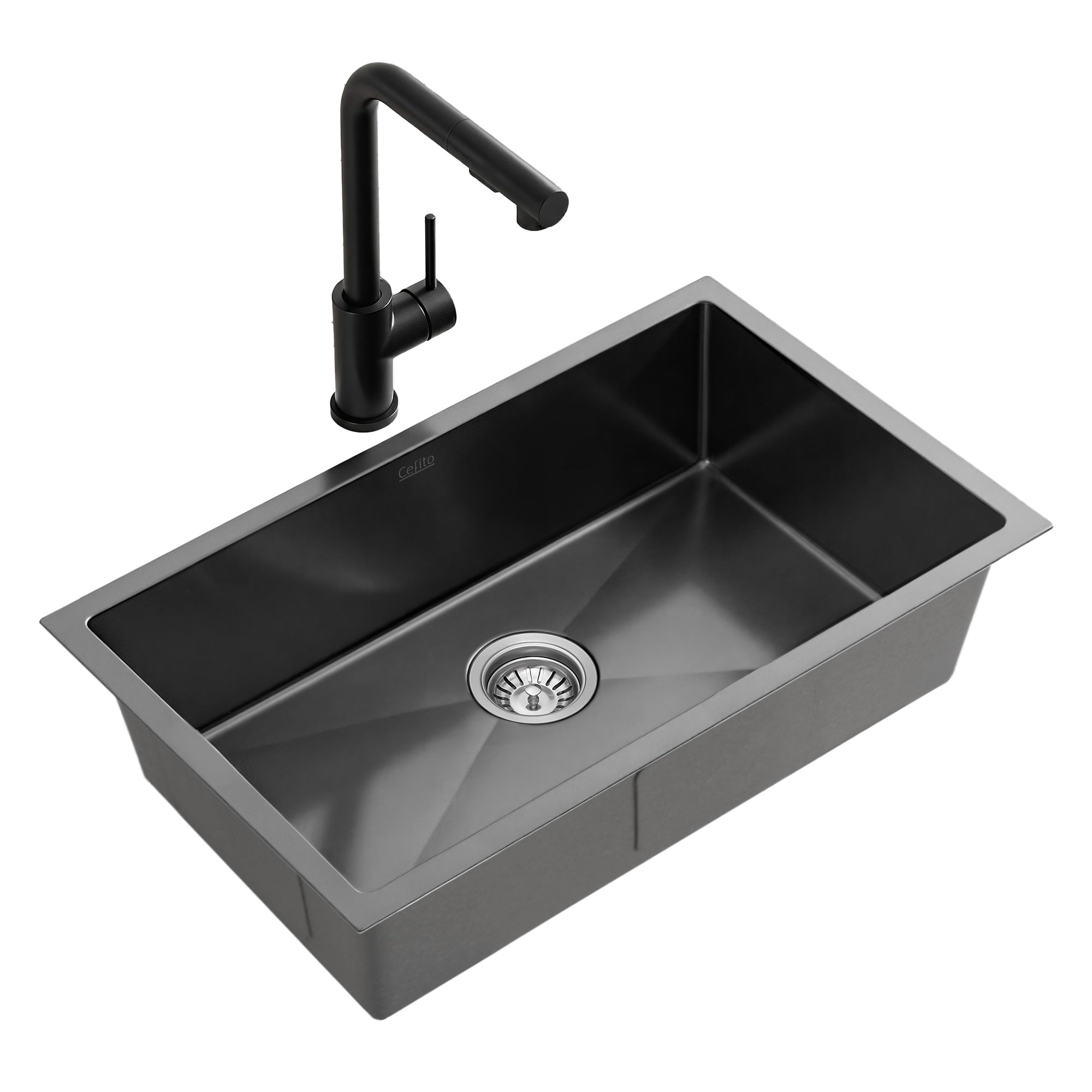 Cefito Stainless Steel Sink 60x45CM With Pull Out Mixer Tap Kitchen Basin Single Bowl Black SINK-BLACK-6045-48
