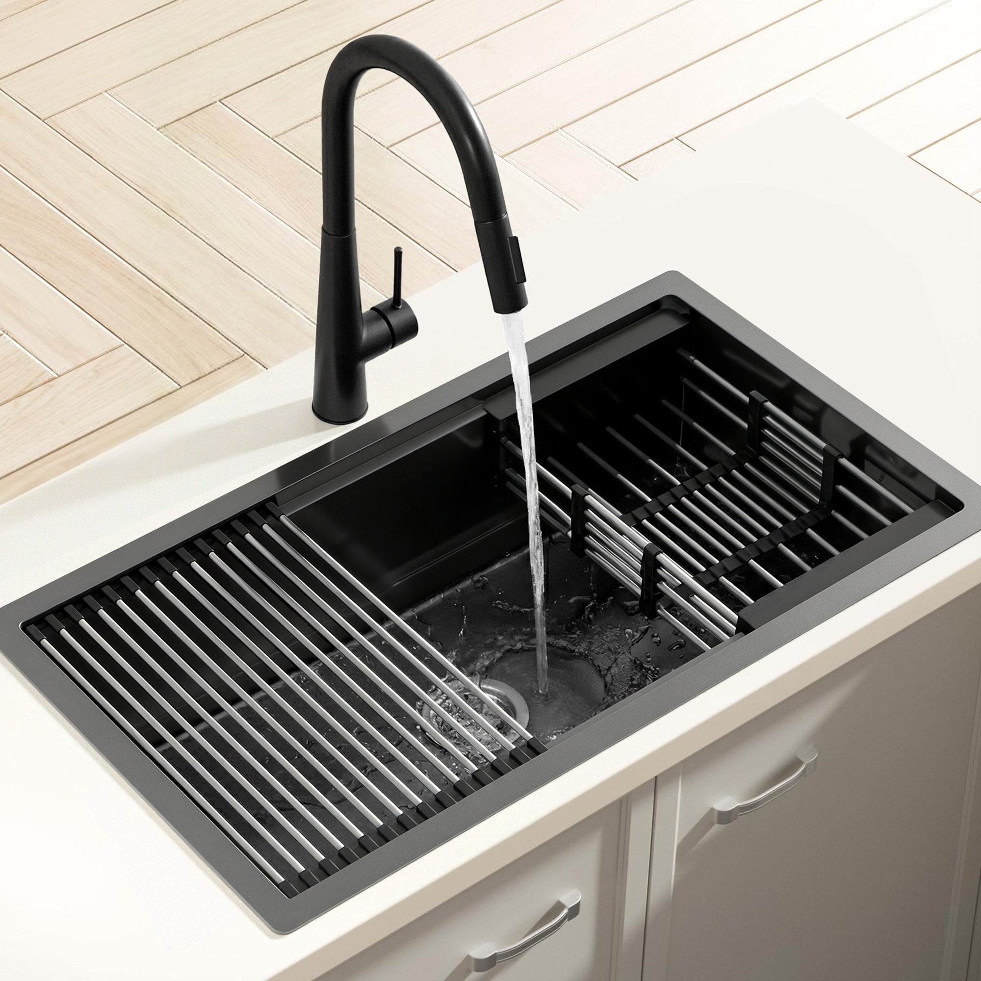 Cefito Stainless Steel Sink 70x45CM With Pull Out Mixer Tap Kitchen Basin Single Bowl Black SINK-BLACK-7045T-52