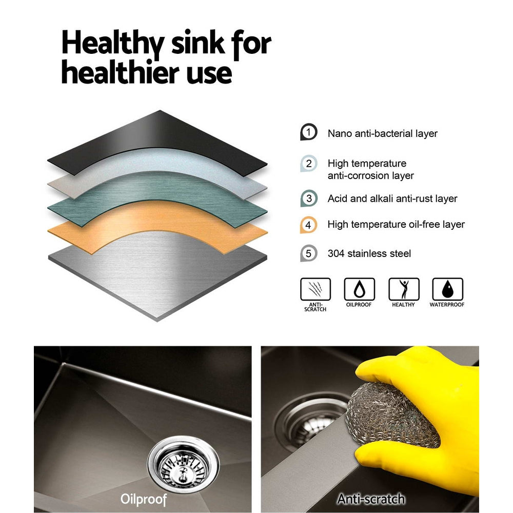 Cefito Kitchen Sink 75X45CM Stainless Steel Basin Single Bowl Black SINK-BLACK-7545