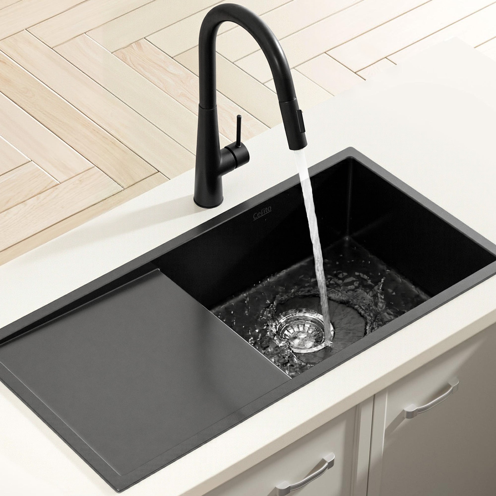 Cefito Stainless Steel Sink 75x45CM With Pull Out Mixer Tap Kitchen Basin Single Bowl Black SINK-BLACK-7545-52