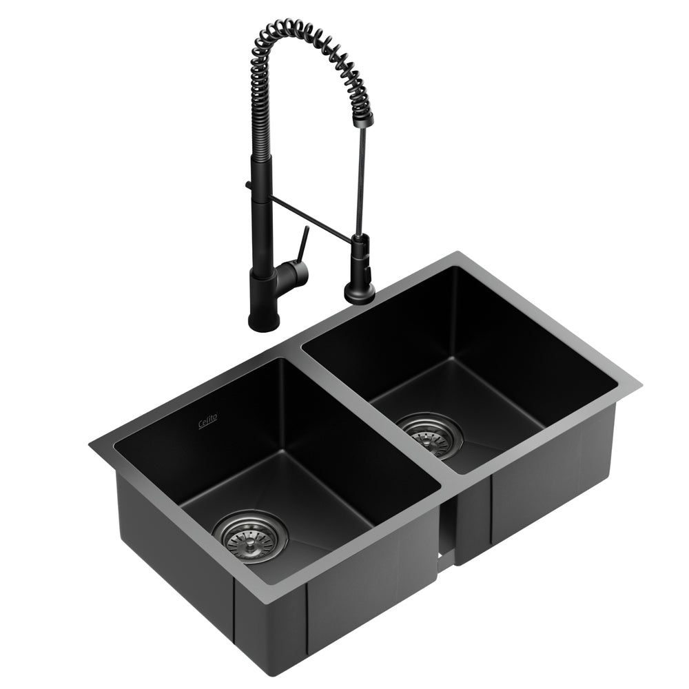 Cefito Stainless Steel Sink 77x45CM With Pull Out Mixer Tap Kitchen Double Bowl Black SINK-BLACK-7745-07