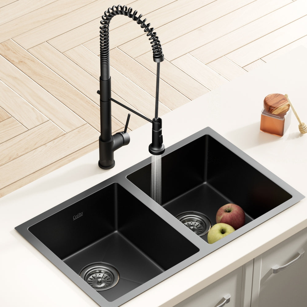 Cefito Stainless Steel Sink 77x45CM With Pull Out Mixer Tap Kitchen Double Bowl Black SINK-BLACK-7745-07