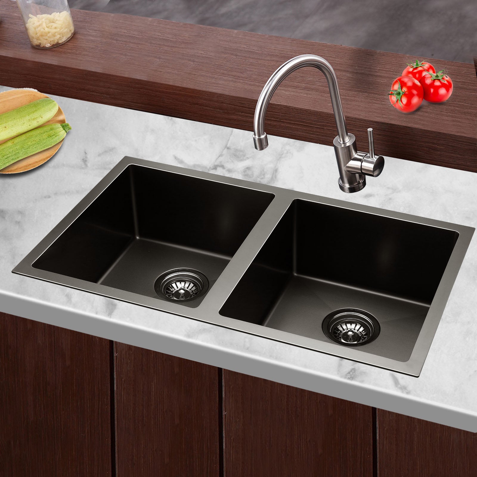 Cefito Kitchen Sink 77X45CM Stainless Steel Basin Double Bowl Black SINK-BLACK-7745