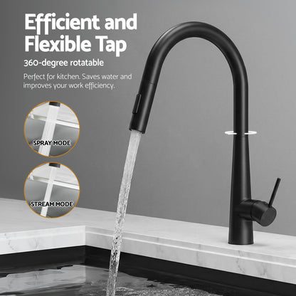 Cefito Stainless Steel Sink 81x45CM With Pull Out Mixer Tap Kitchen Basin Single Bowl Black SINK-BLACK-8145T-52