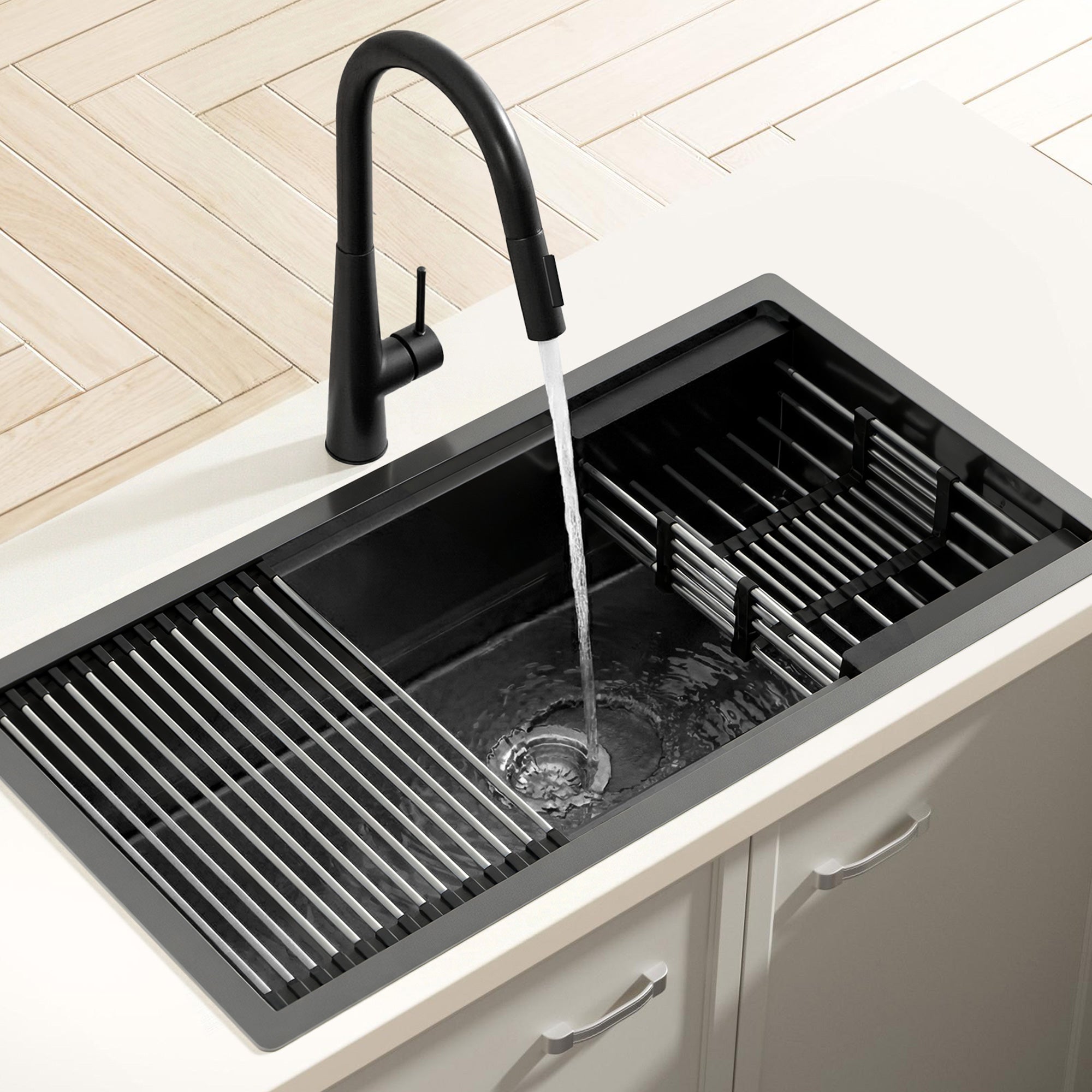 Cefito Stainless Steel Sink 81x45CM With Pull Out Mixer Tap Kitchen Basin Single Bowl Black SINK-BLACK-8145T-52