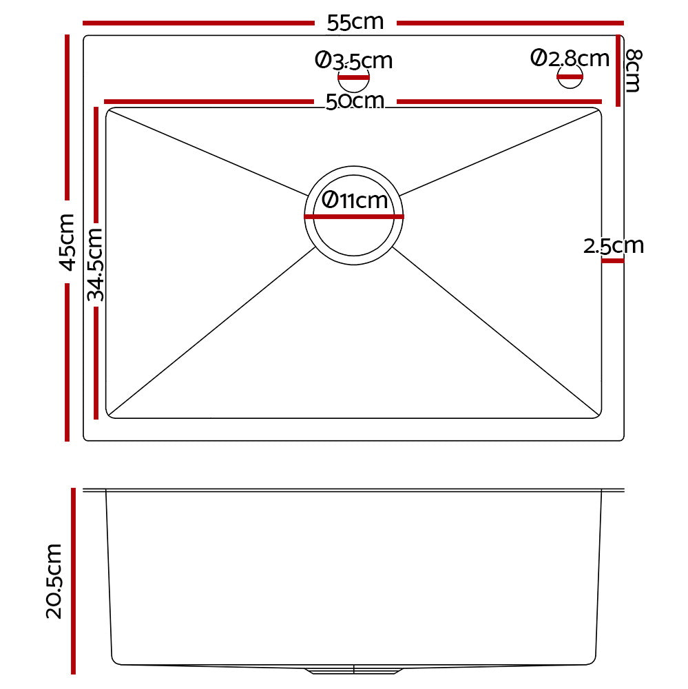 Cefito Kitchen Sink 55X45CM Stainless Steel Basin Single Bowl Extra Hole Silver SINK-EC-5545-SI