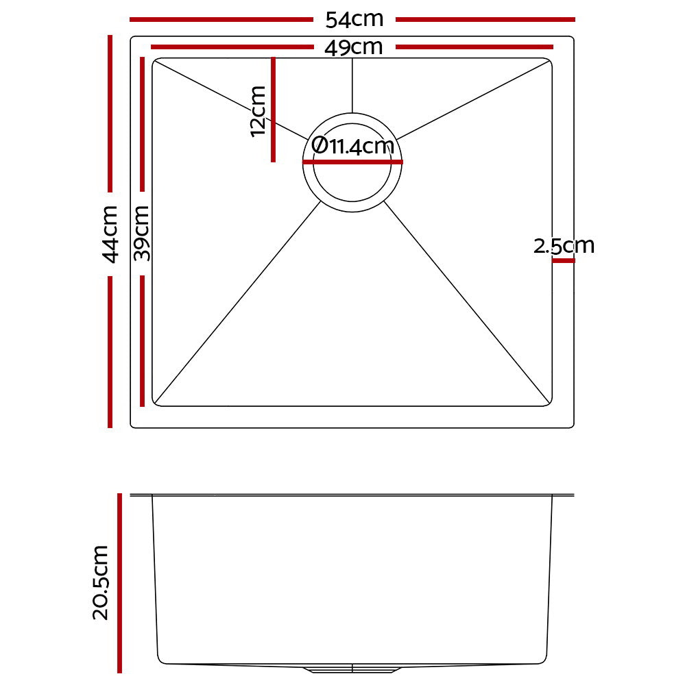 Cefito 54cm x 44cm Stainless Steel Kitchen Sink Under/Top/Flush Mount Black SINK-NA-5444-SI