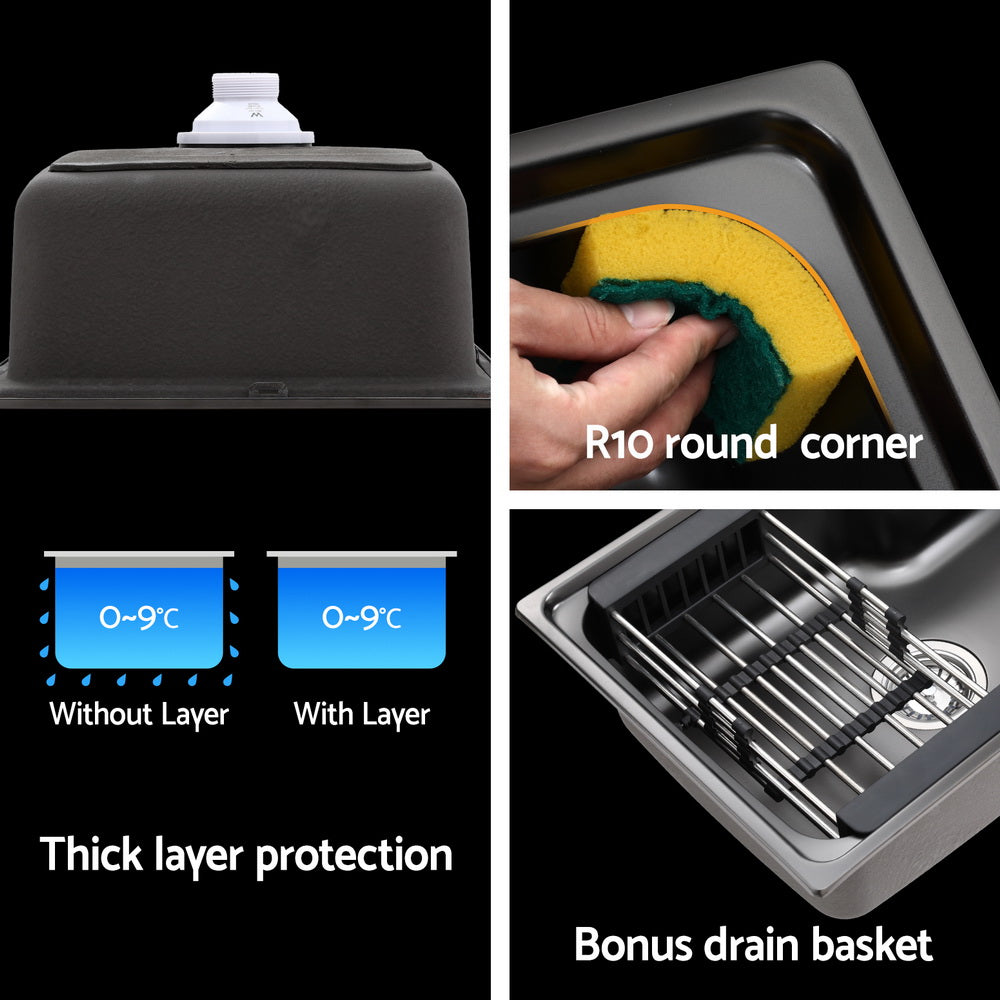 Cefito Kitchen Sink 61X43CM Stainless Steel Basin Single Bowl Black Drain Basket SINK-R10-6143T-BK