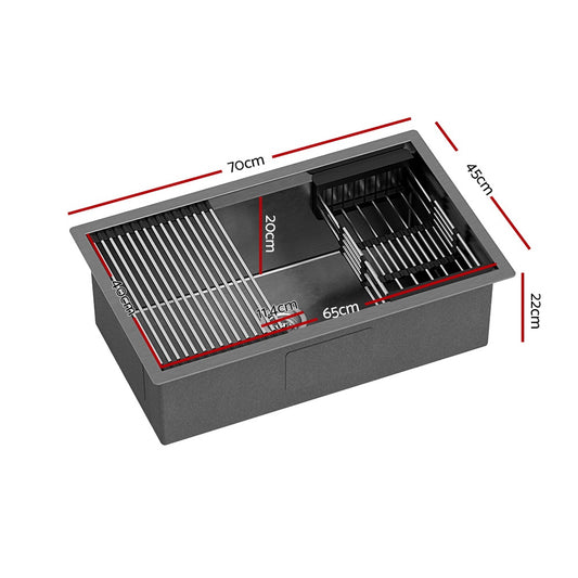 Cefito Kitchen Sink 70X45CM Stainless Steel Single Bowl Drain Rack Basket Black SINK-R10-7045T-BK