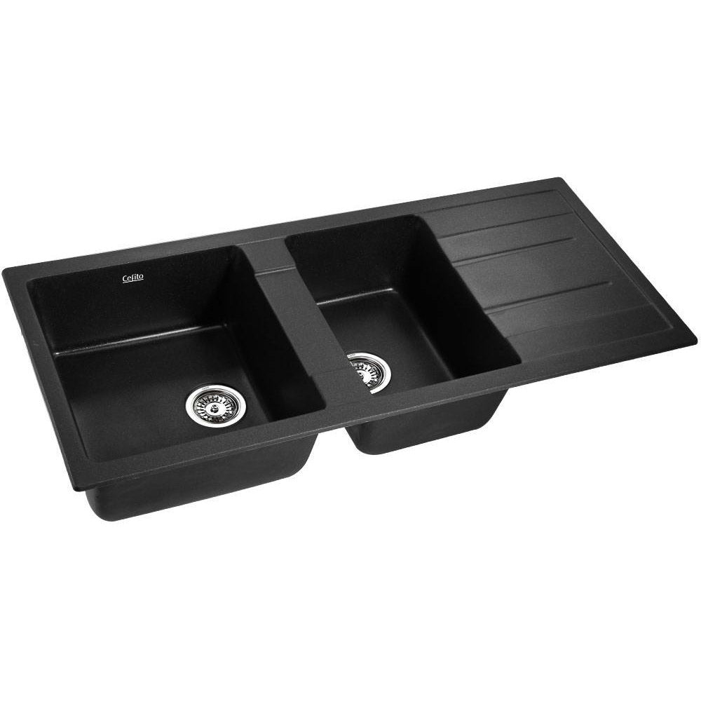 Cefito Stone Kitchen Sink 1160X500MM Granite Under/Topmount Basin Double Bowl Black SINK-STONE-11650