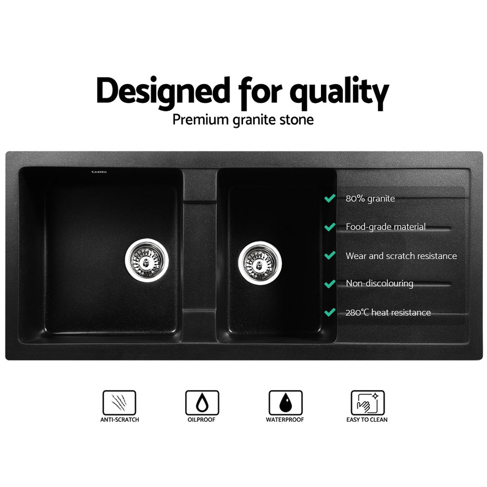 Cefito Stone Kitchen Sink 1160X500MM Granite Under/Topmount Basin Double Bowl Black SINK-STONE-11650