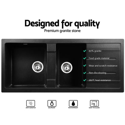 Cefito Stone Kitchen Sink 1160X500MM Granite Under/Topmount Basin Double Bowl Black SINK-STONE-11650