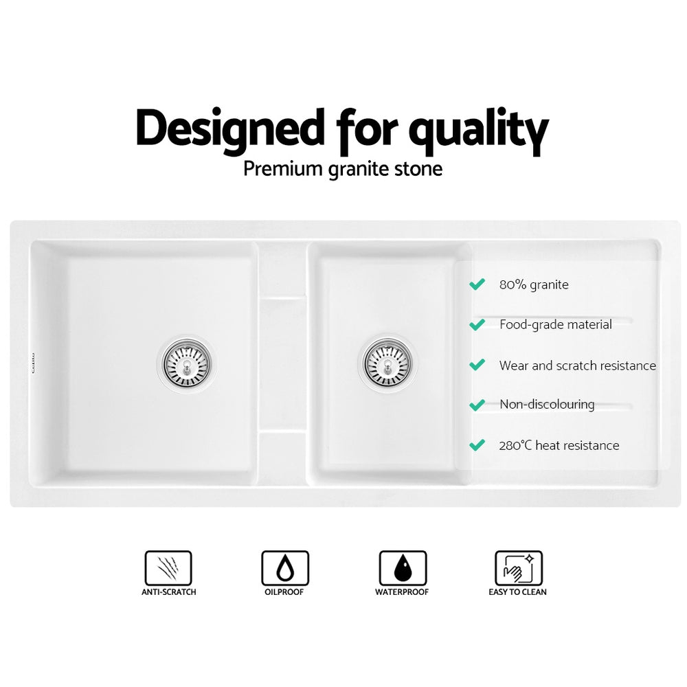 Cefito Stone Kitchen Sink 1160X500MM Granite Under/Topmount Basin Double Bowl White SINK-STONE-11650-WH