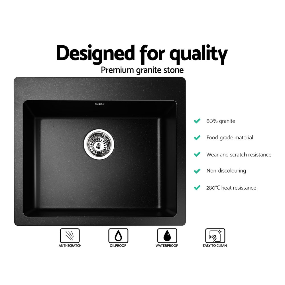 Cefito Stone Kitchen Sink 570x500MM Granite Under or Topmount Basin Bowl Laundry Black SINK-STONE-5750