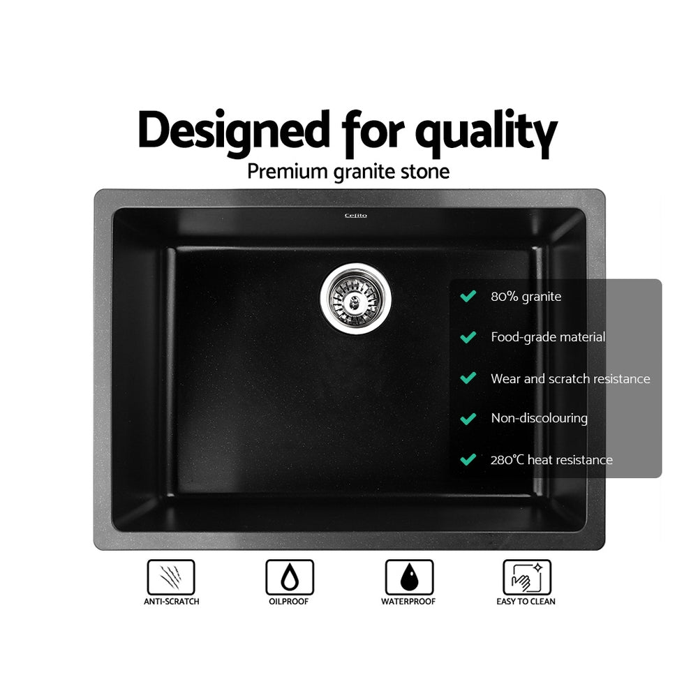 Cefito Stone Kitchen Sink 610X470MM Granite Under/Topmount Basin Bowl Laundry Black SINK-STONE-6147