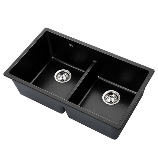Cefito Stone Kitchen Sink 790X460MM Granite Under/Topmount Basin Double Bowl Black SINK-STONE-7946D