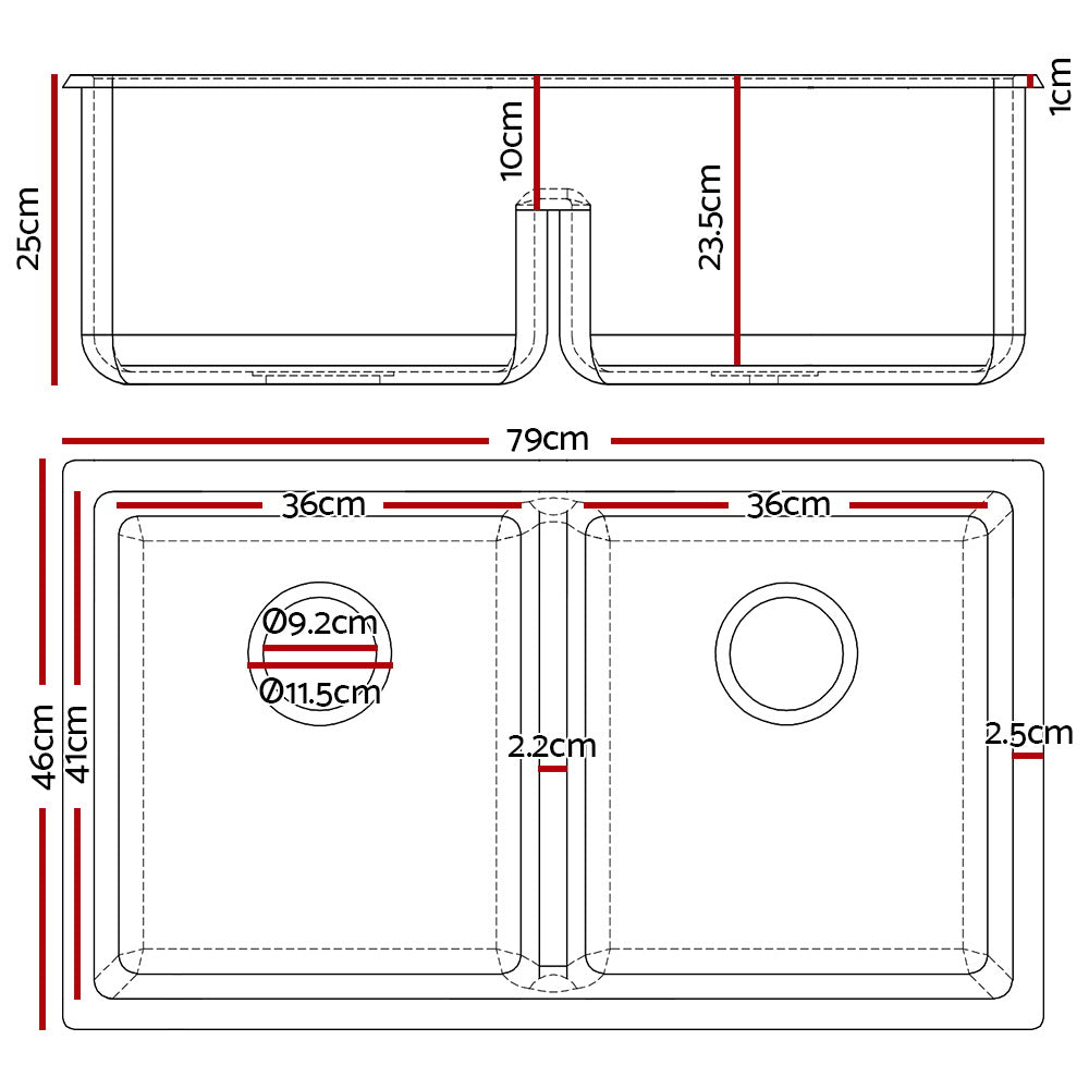 Cefito Stone Kitchen Sink 790X460MM Granite Under/Topmount Basin Double Bowl Black SINK-STONE-7946D