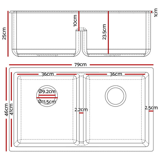 Cefito Stone Kitchen Sink 790X460MM Granite Under/Topmount Basin Double Bowl Black SINK-STONE-7946D