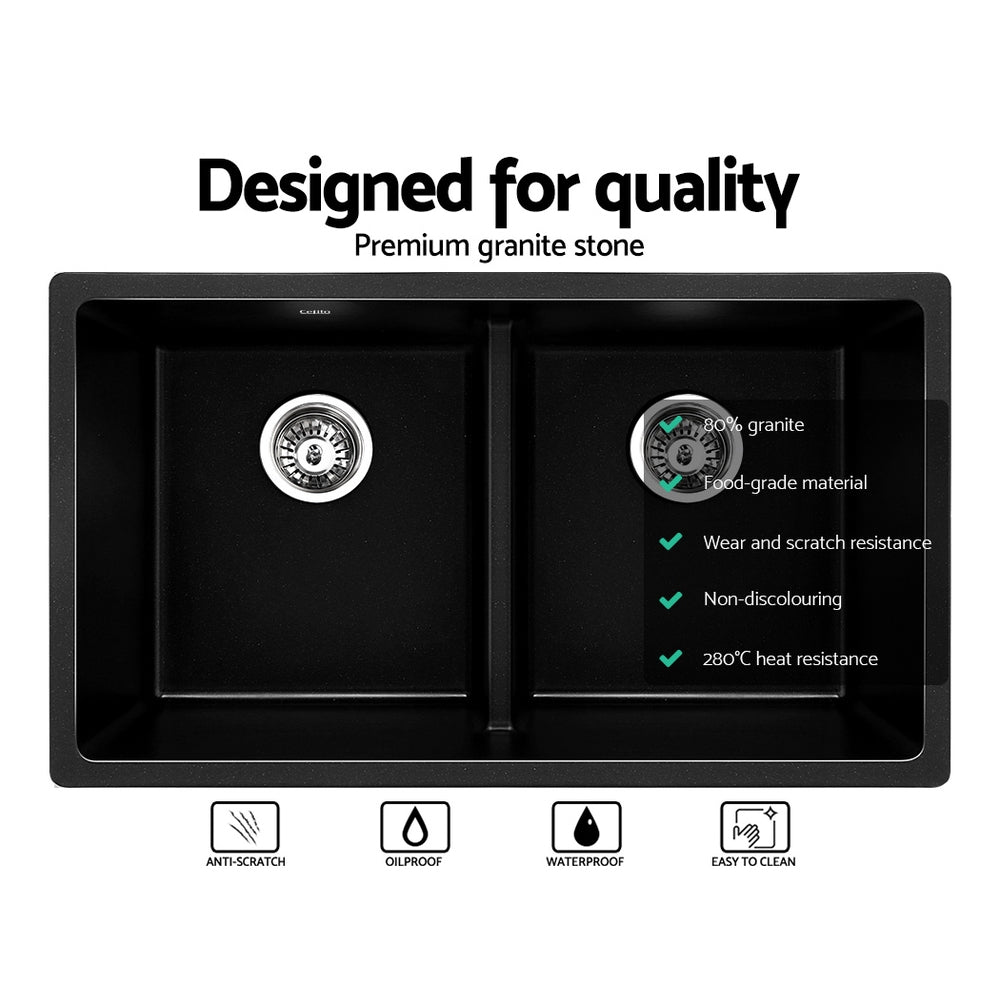 Cefito Stone Kitchen Sink 790X460MM Granite Under/Topmount Basin Double Bowl Black SINK-STONE-7946D