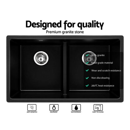 Cefito Stone Kitchen Sink 790X460MM Granite Under/Topmount Basin Double Bowl Black SINK-STONE-7946D