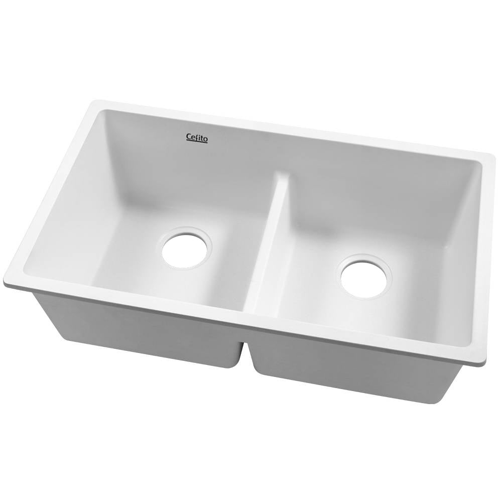 Cefito Stone Kitchen Sink 790X460MM Granite Under/Topmount Basin Double Bowl White SINK-STONE-7946D-WH