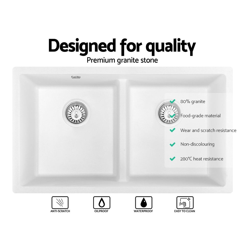 Cefito Stone Kitchen Sink 790X460MM Granite Under/Topmount Basin Double Bowl White SINK-STONE-7946D-WH