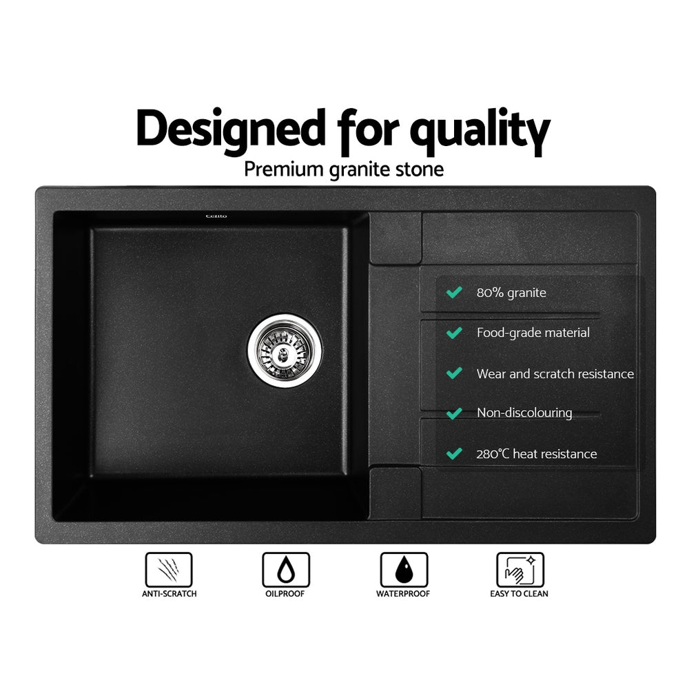 Cefito Stone Kitchen Sink 860X500MM Granite Under/Topmount Basin Bowl Laundry Black SINK-STONE-8650S