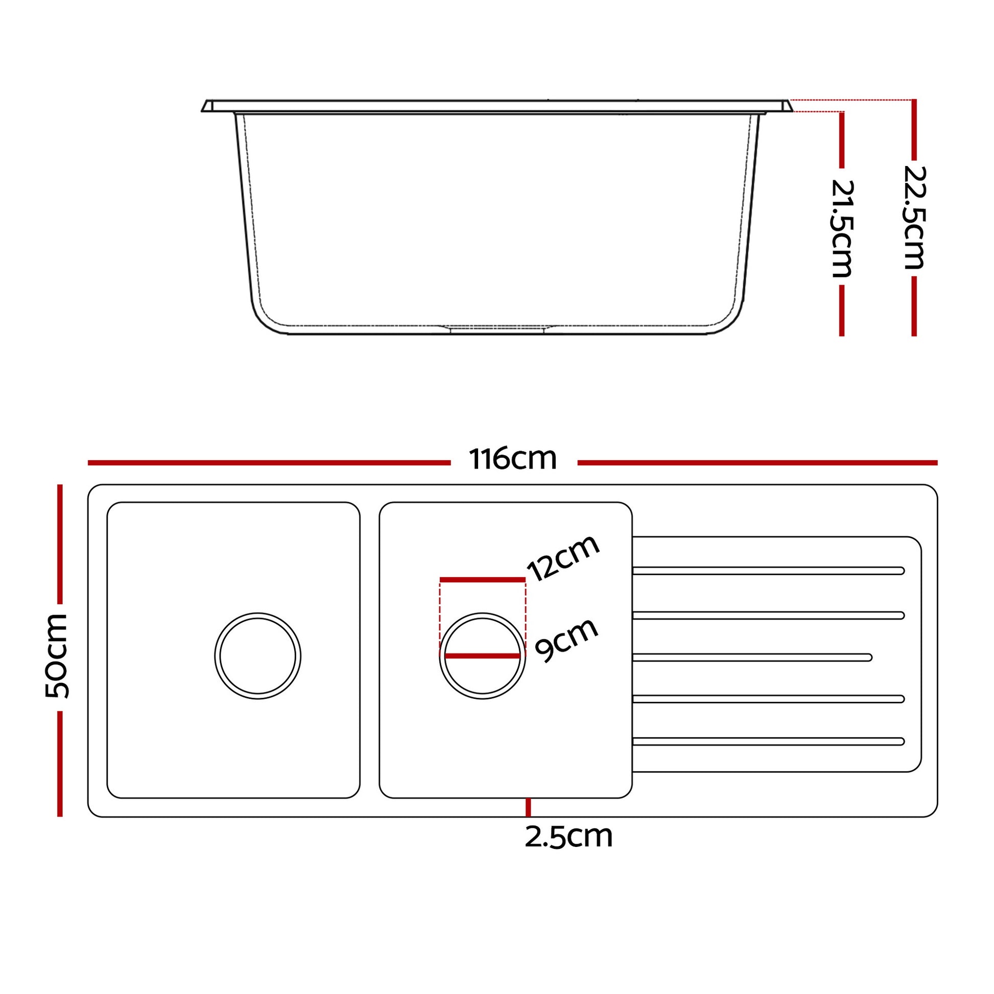 Cefito Kitchen Sink 116x50cm Granite Stone Sink Double Bowl Black SINK-STONE-A-11650-BK