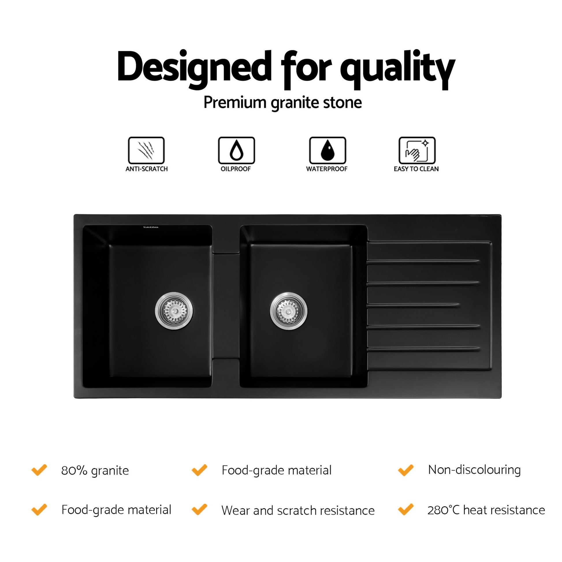 Cefito Kitchen Sink 116x50cm Granite Stone Sink Double Bowl Black SINK-STONE-A-11650-BK
