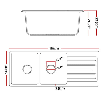 Cefito Kitchen Sink 116x50cm Granite Stone Sink Double Bowl White SINK-STONE-A-11650-WH