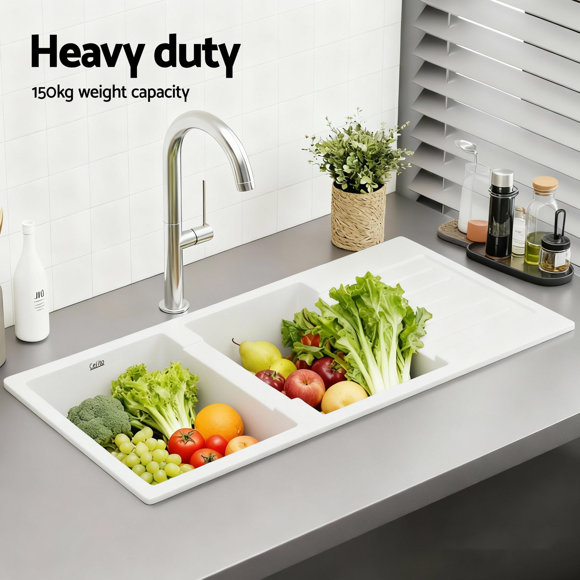 Cefito Kitchen Sink 116x50cm Granite Stone Sink Double Bowl White SINK-STONE-A-11650-WH