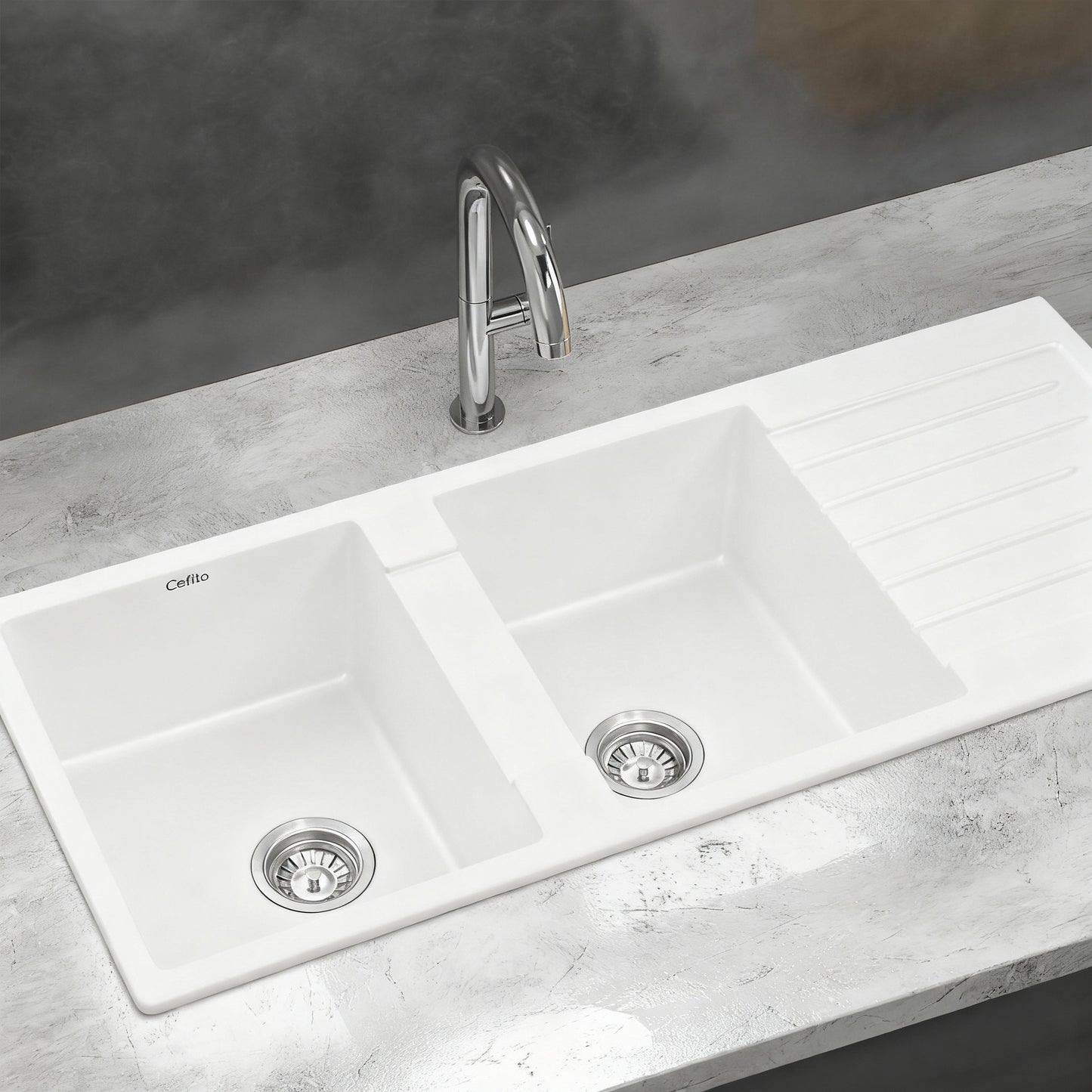 Cefito Kitchen Sink 116x50cm Granite Stone Sink Double Bowl White SINK-STONE-A-11650-WH
