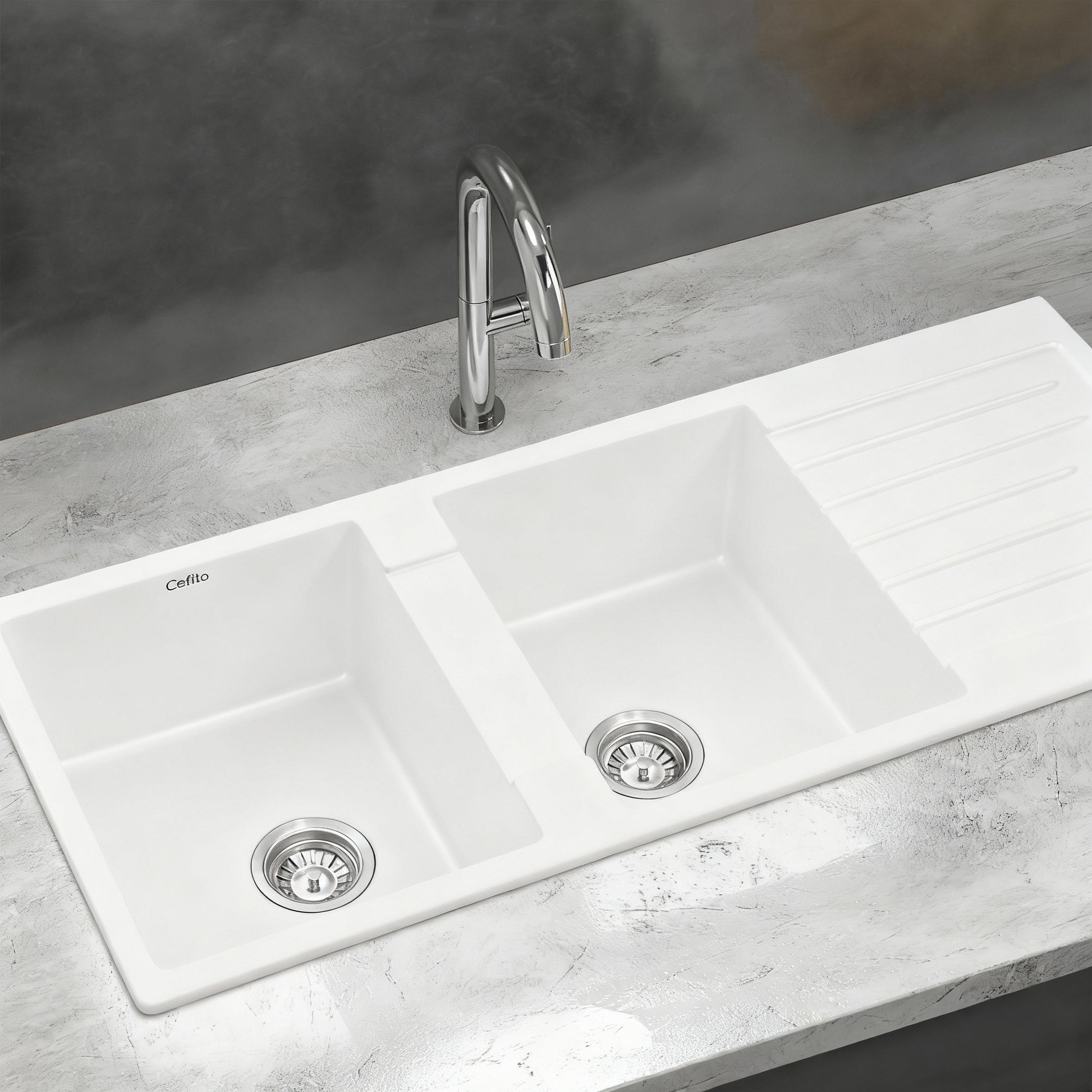 Cefito Kitchen Sink 116x50cm Granite Stone Sink Double Bowl White SINK-STONE-A-11650-WH