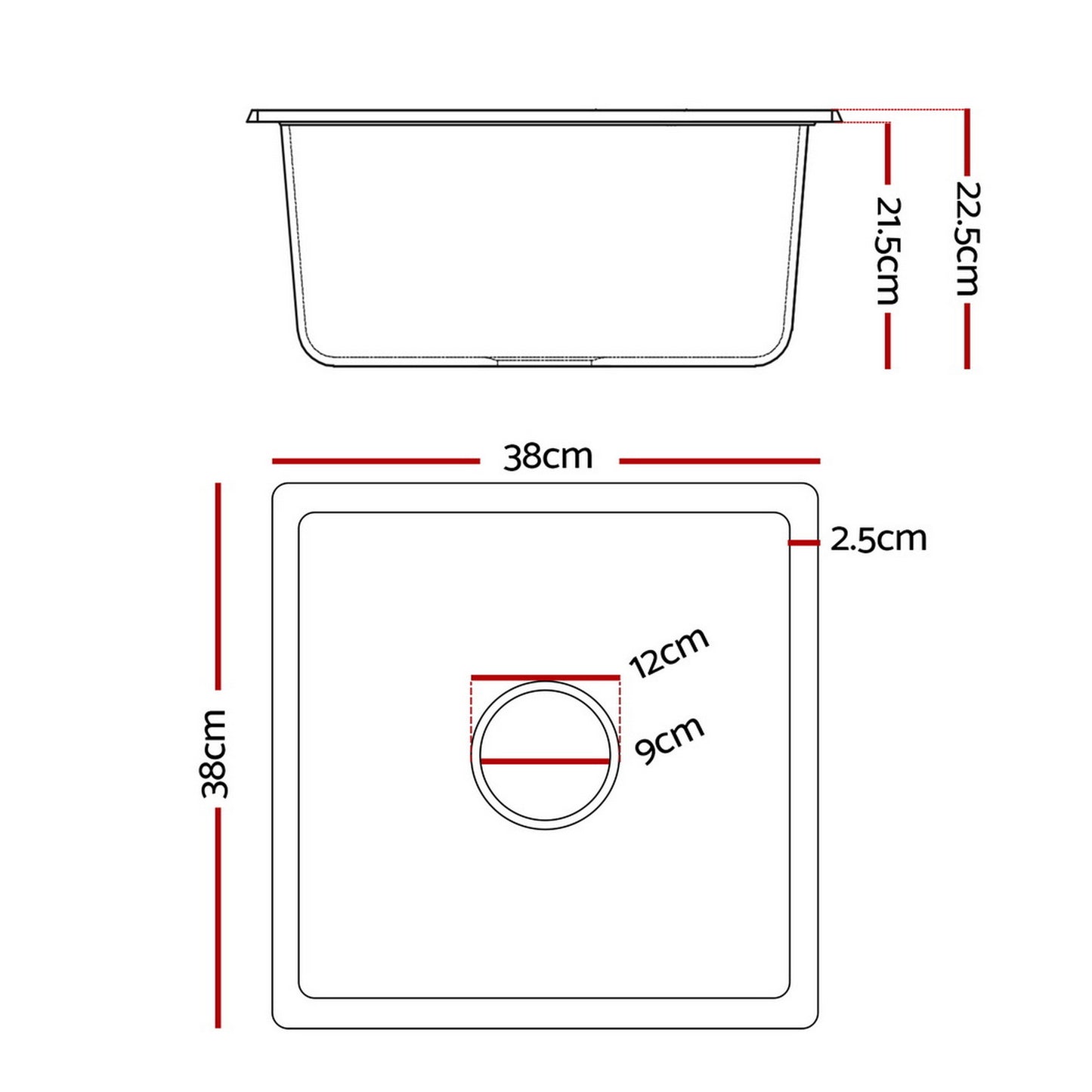 Cefito Kitchen Sink 38x38cm Granite Stone Sink Single Bowl Black SINK-STONE-A-3838-BK