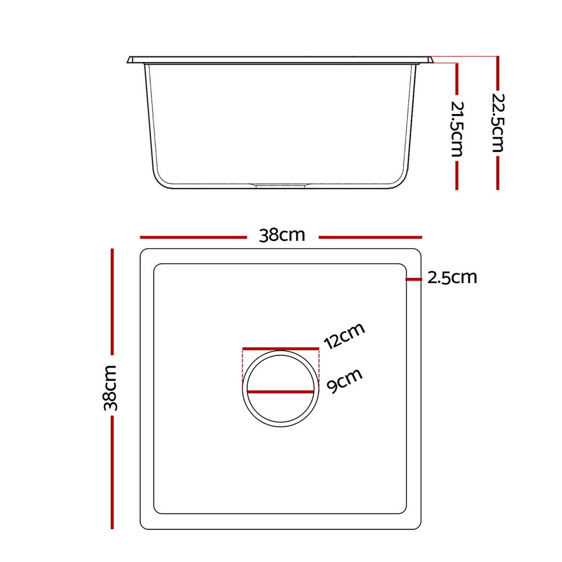 Cefito Kitchen Sink 38x38cm Granite Stone Sink Single Bowl Black SINK-STONE-A-3838-BK