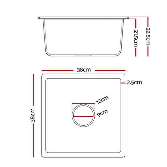 Cefito Kitchen Sink 38x38cm Granite Stone Sink Single Bowl Black SINK-STONE-A-3838-BK