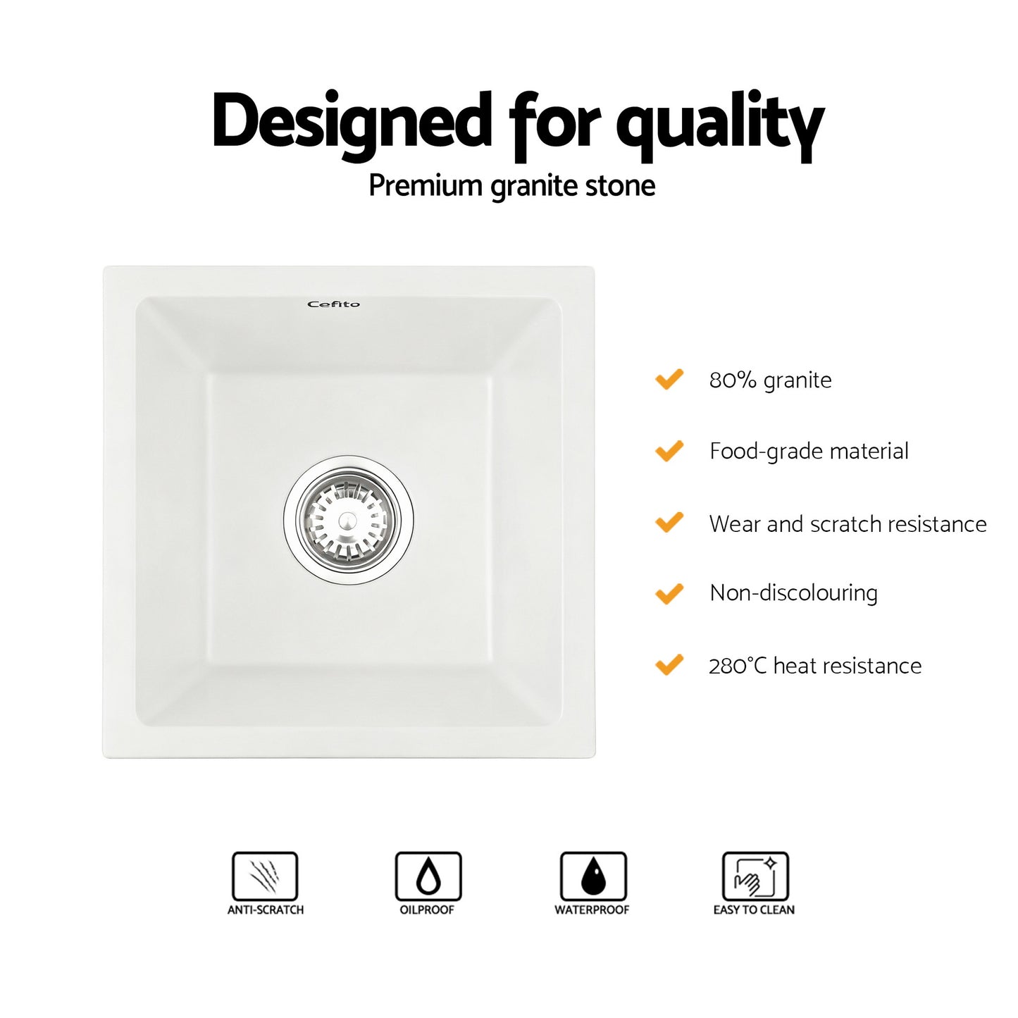 Cefito Kitchen Sink 38x38cm Granite Stone Sink Single Bowl White SINK-STONE-A-3838-WH